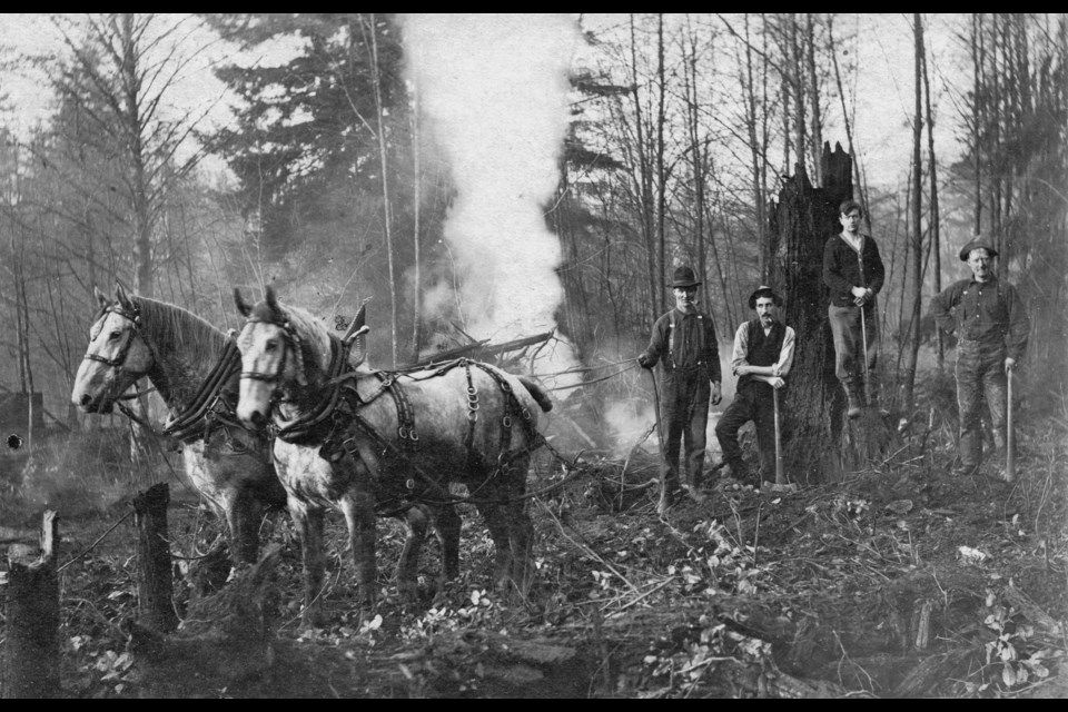 In 1905 the Commercial Drive neighbourhood was still mostly forest. The men in this photo paused for the shot while they were clearing a lot at Grant Street and Victoria Drive for a blacksmith shop. Nowadays Victoria Park and the building that until recently was home to the South China Seas Trading Co. sit at that intersection. Reference code: AM54-S4-: Str P396