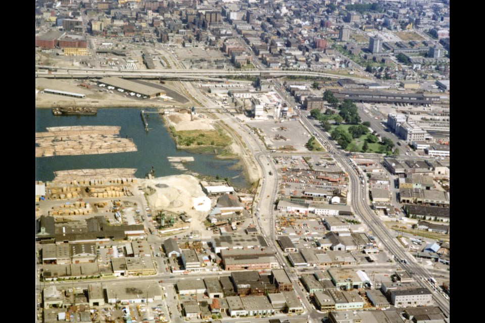 The eastern edge of False Creek is now home to the iconic Science World dome, but in this photo from the 1970s the area was still industrial land.
This photo also shows Main Street, Pacific Central Station, and the Georgia Viaduct; nowadays it would also include the edge of Rogers Arena, many condo towers, SkyTrain track and Pacific Boulevard.
Reference code: COV-S167---: CVA 515-2