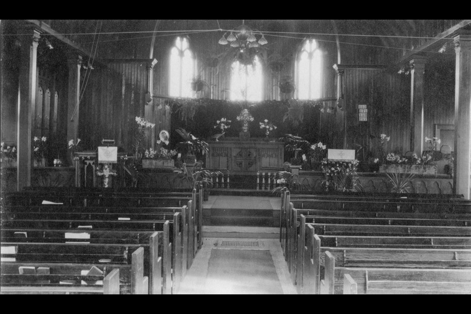 St. Michael's Anglican Church in 1900 decorated for Easter. Reference code: AM362-S7---: CVA 468-010