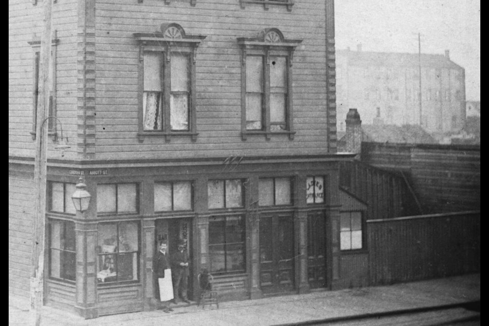 The Dougall Hotel in 1887, a year after the Great Vancouver Fire. The hotel's saloon has a separate entrance for ladies.
Reference code: AM54-S4-: Bu P24
