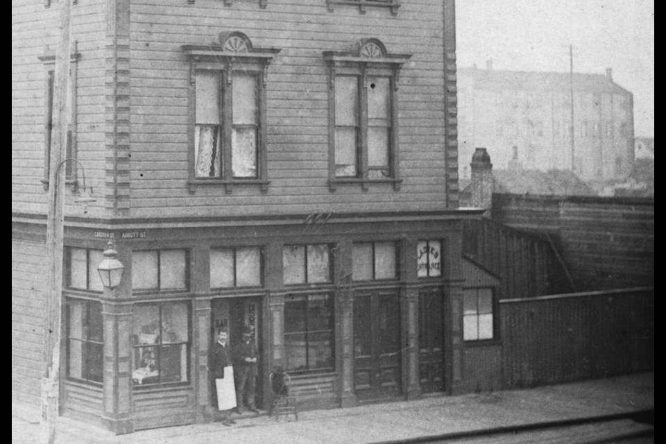 The Dougall Hotel in 1887, a year after the Great Vancouver Fire. The hotel's saloon has a separate entrance for ladies.
Reference code: AM54-S4-: Bu P24