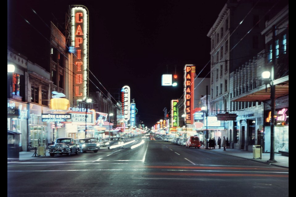 The view down Granville from Robson Street at the end of 1959 or early 1960. The marquee on the Capitol Theatre shows the film 'A Summer Place' is showing. It was released at the end of 1959.
At the time Vancouver was known for the number of neon lights in commercial areas. Here many can be seen, including for the Orpheum and Vogue theatres, as well as places like White Lunch and Brown Brothers Flowers.
Reference code: AM1531-: CVA 672-1