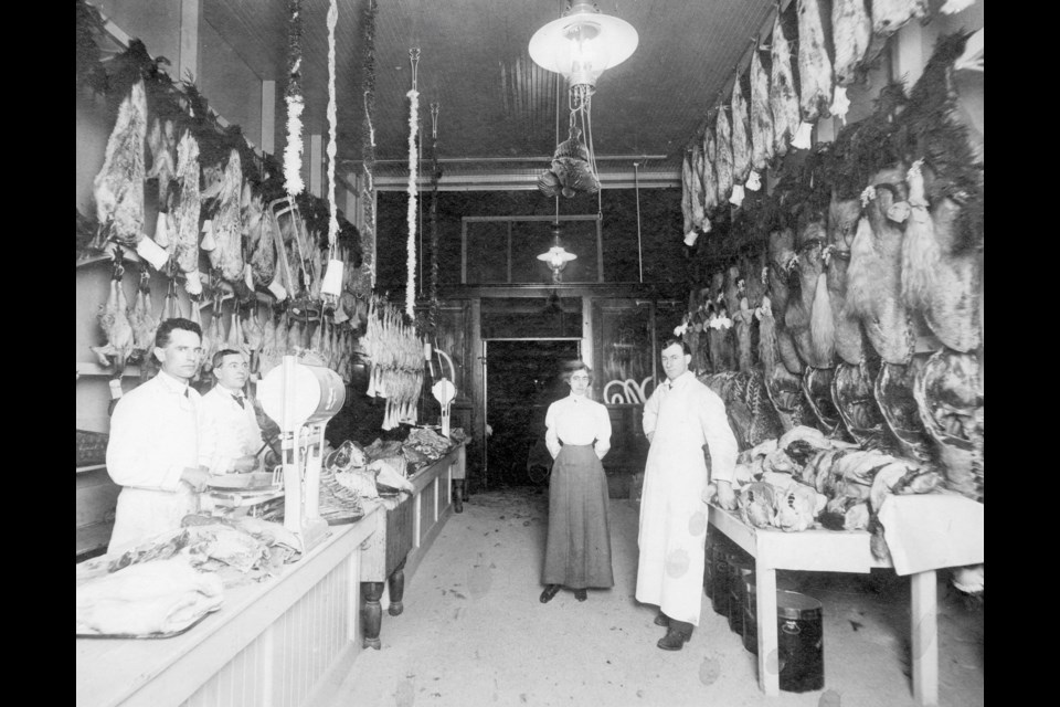 This butcher store was open in Vancouver more than 130 years ago; the photo is from around 1890. Electric refrigerators wouldn't be invented for another few years.
Reference code: AM54-S4-: Bu P557.2