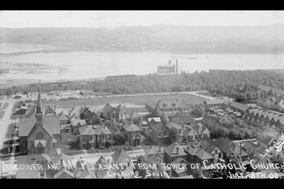 A southern view from the tower of the Holy Rosary Church in Vancouver in 1900. An early First Baptist Church is in the foreground, while False Creek and Mount Pleasant can be seen in the distance.
Reference code: AM54-S4-: LP 103.4.1