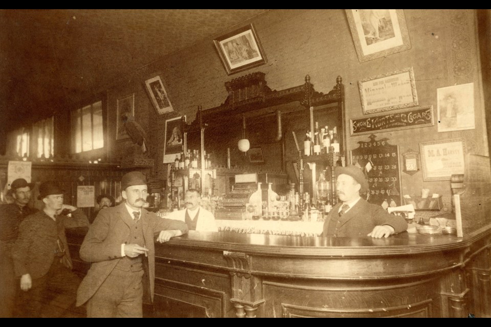 The interior of the Cosmopolitan Hotel saloon at Abbott and Cordova in Gastown in the 1880s. Reference: CVA 321-2.