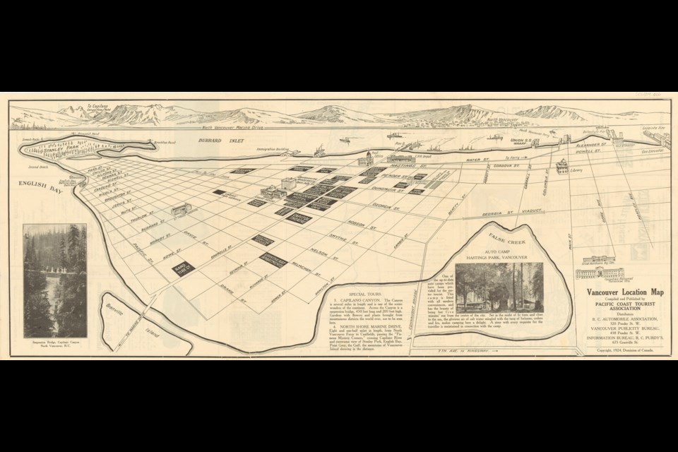 This map, angled as if one was floating over Mt. Pleasant, shows all the essentials of Vancouver in 1924.
Reference code: AM1519-: PAM 1924-55-: LEG1319.066