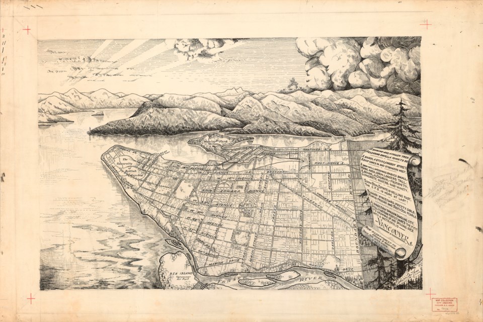 This pictoral map of Vancouver includes a poem. Reference code: AM1594-: MAP 940-: LEG1377.02
