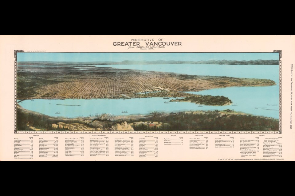This map from 1925 shows the view of Vancouver from 4,000 feet above the city on Grouse Mountain. Reference code: AM1594-: MAP 566