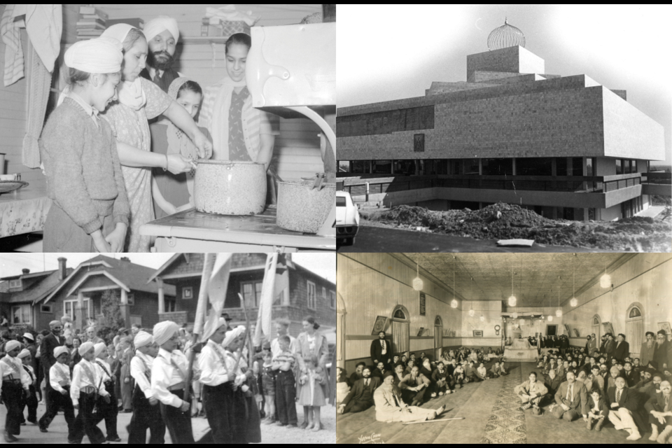 Clockwise from top left: A Vancouver Sikh family standing around a stove in 1943, the Sikh Temple designed by architect Arthur Erickson at 8000 Ross St. just after it was finished, the inside of the Sikh Temple on West 2nd Avenue in 1939, Sikh children in a parade in the late 1930s.