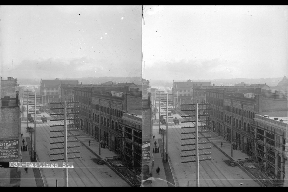 Hastings Street east of Seymour Street, with massive electrical poles, in the 1890s.
Reference code: AM54-S4-: SGN 15