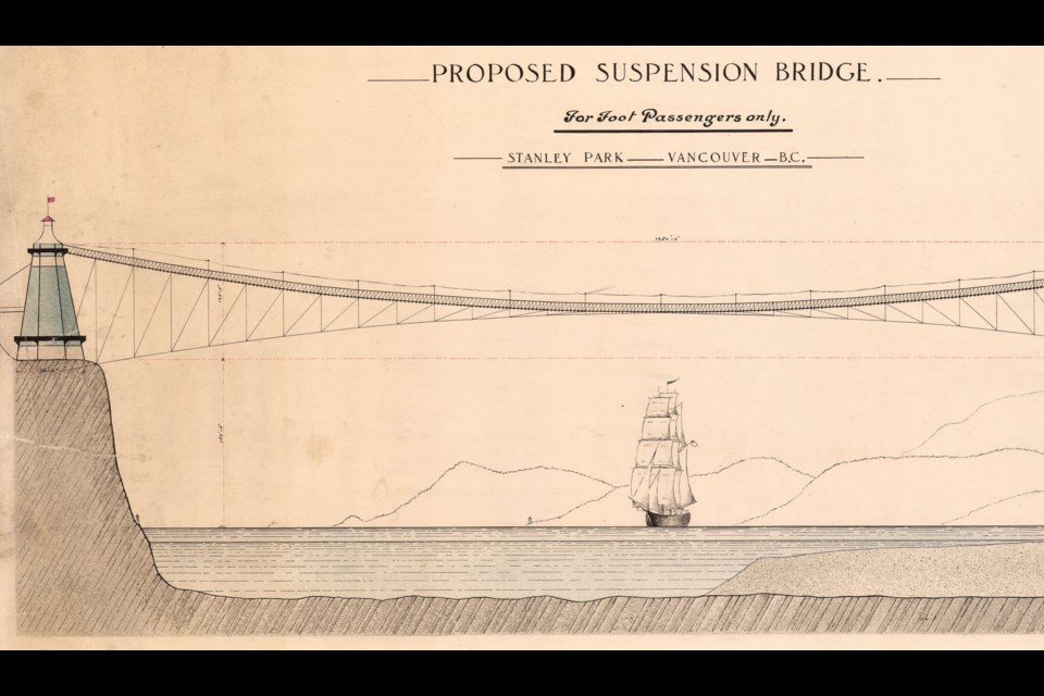 In 1909 a Vancouver man proposed a suspension bridge be built at where the Lions Gate Bridge stands now connecting Vancouver to North Vancouver.
Reference code: AM1594-: LEG1709.1