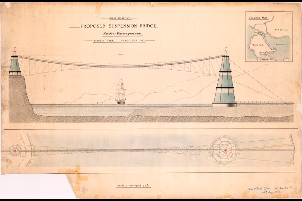 This massive bridge was suggested to cross the first narrows on Burrard Inlet in Vancouver.
Reference code: AM1594-: LEG1709.1