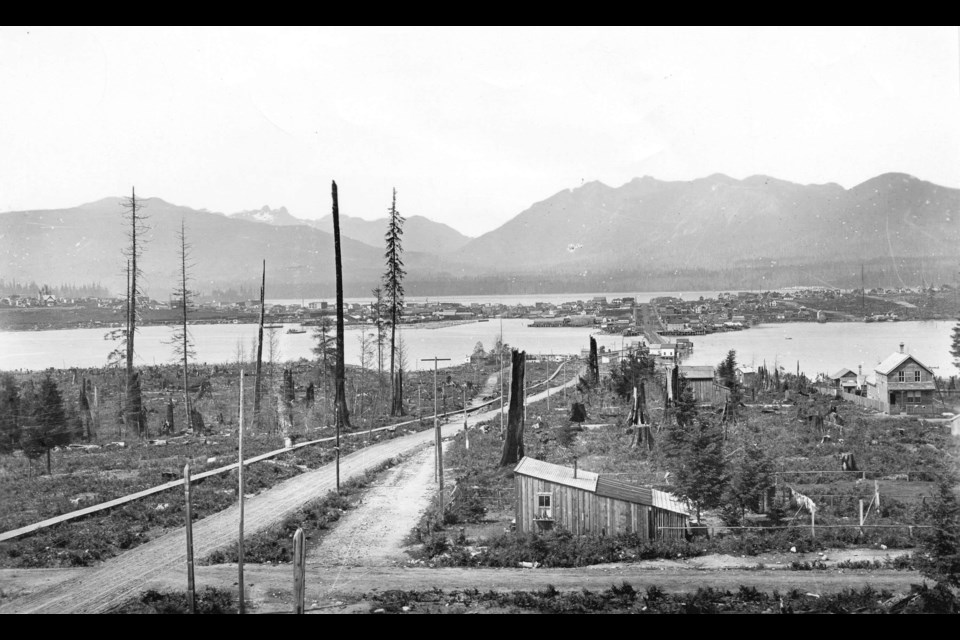 The view from south of Vancouver, in Mount Pleasant, in 1889. The area only started being called Mount Pleasant in 1888. The bridge is what is now Main Street near Science World, and the body of water to the east of the bridge was the eastern part of False Creek (which was filled in).
Reference code: AM54-S4-: Van Sc P147