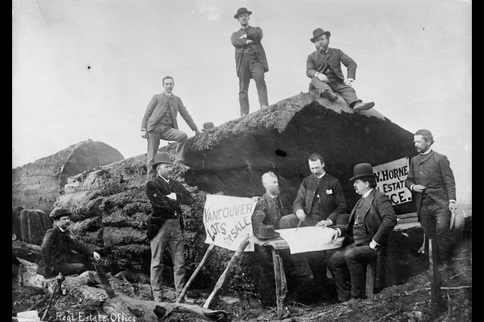 In the 1880s land developers were already eyeing what would become downtown Vancouver, even though the area was a little ways from the growing Gastown community. This photo from May 1886 was taken just after the city was officially founded and just before the Great Vancouver Fire, which started when fires used to clear land got out of control. It should be noted here that one of the impromptu table legs is a charcoal-covered hunk of wood.
Reference code: AM54-S4-: LGN 453