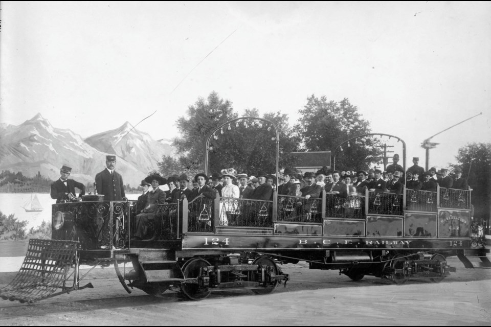 This photo from 1912 shows a group posing in a BC Electric sightseeing streetcar. It appears it was altered after with some of the background painted.
Reference code: AM54-S4-: LGN 910