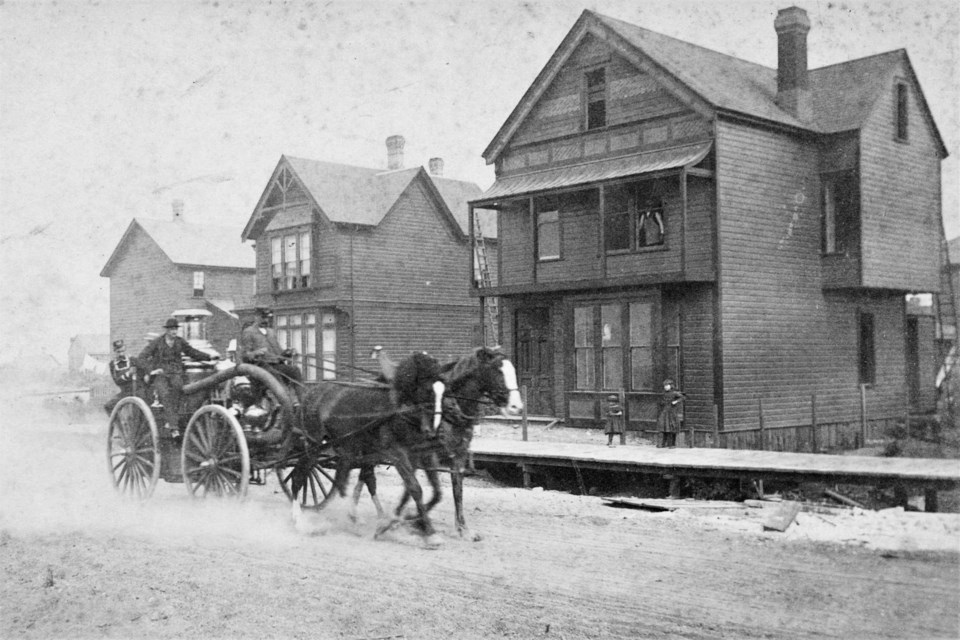 A steam-powered fire engine called M.A. Maclean on a trial run through the city in 1887.
Reference code: AM54-S4-: FD P42