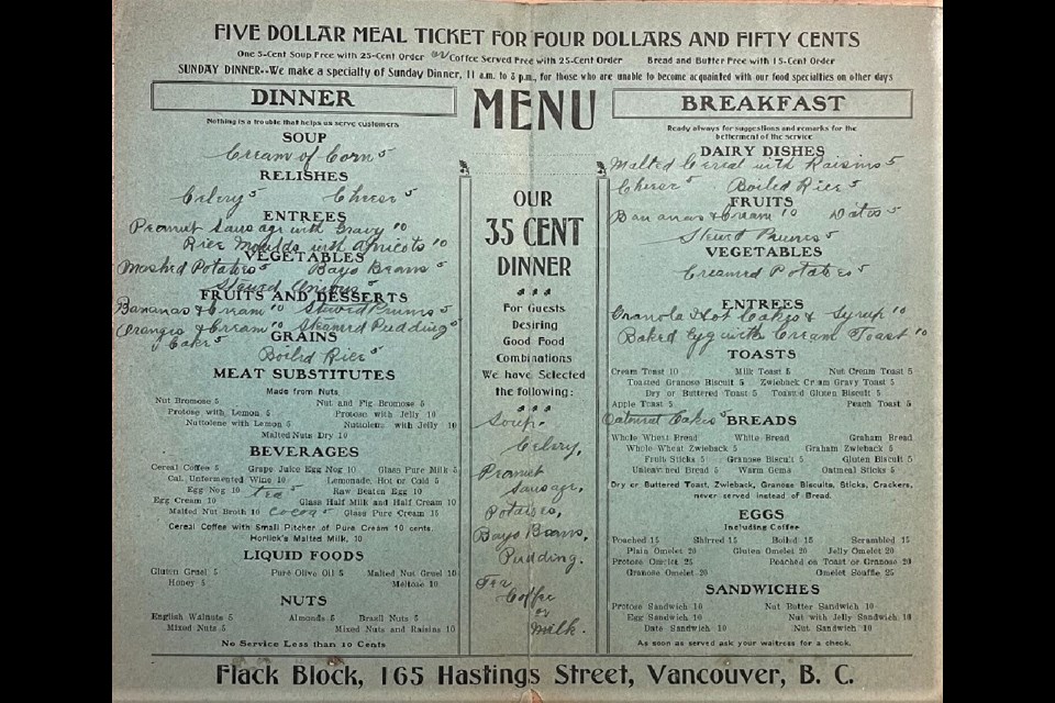 The menu from Pure Food Vegetarian Cafe shows what Vancouver vegetarians ate in 1907.