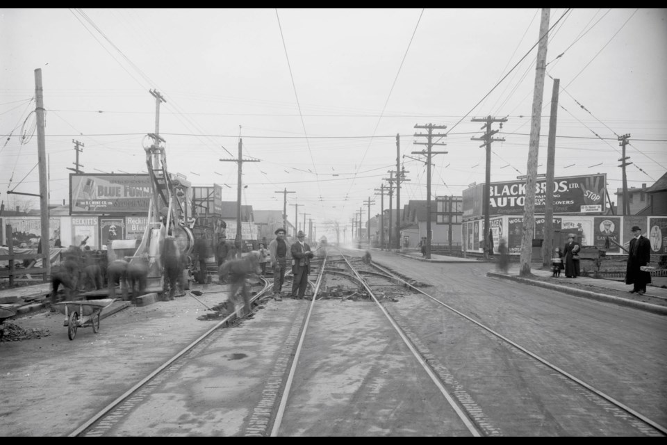 Starting at West 4th and Fir (in 1913), this area was much more built up early on due to its proximity to the Granville Street Bridge, which was part of the city's connection to Richmond. Billboard advertisements in this photo advertise an auto shop, Pantages Theatre, and men's underwear. 
Reference code: AM54-S4-: LGN 1002