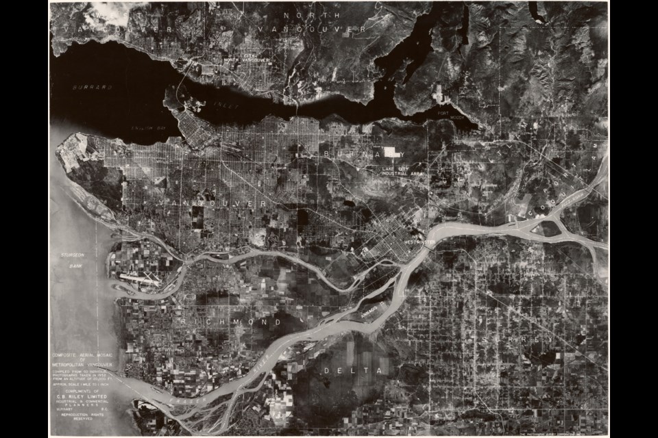 An aerial photo of Vancouver from 1952 shot at 20,000 feet.
