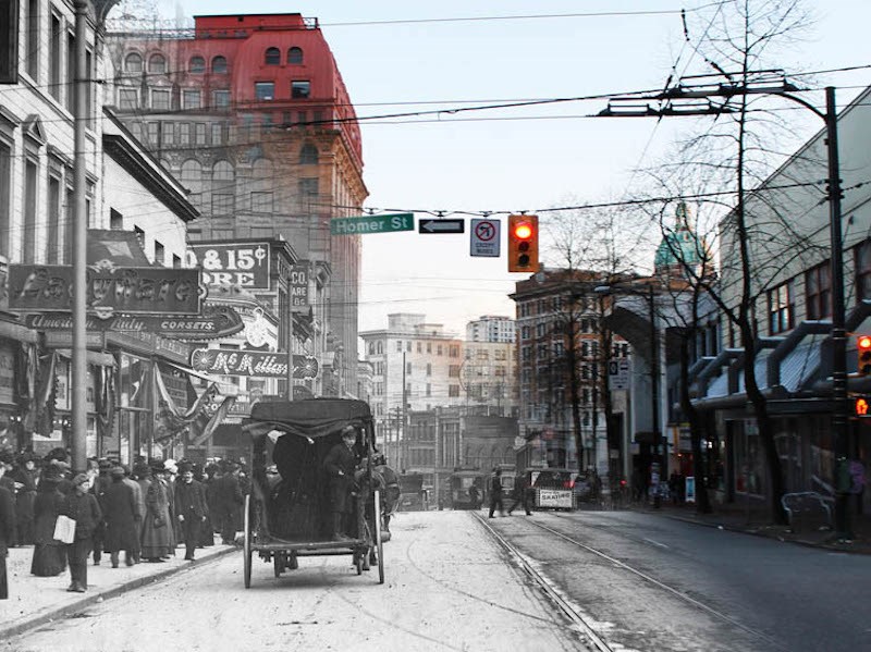 Looking back down Hastings towards the Dominion Building. (1910 and Now) – On This Spot / Vancouver Archives AM54-S4-: Str P210