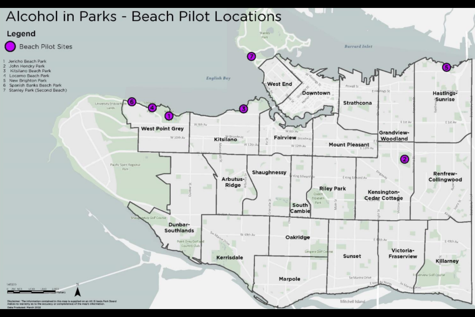A map of the beaches where a pilot program will allow legal alcohol consumption in 2023.