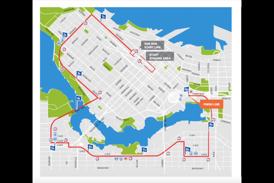 Participants will run through Vancouver's downtown core starting at Burrard and Georgia and then head north down Denman Street. 