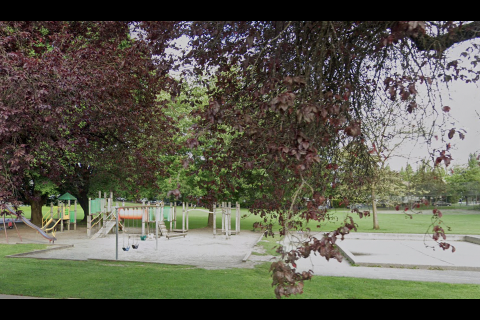 Collingwood Park in East Vancouver currently has an old playground, wading pool, a basketball court, and open areas with a softball diamond and field. 