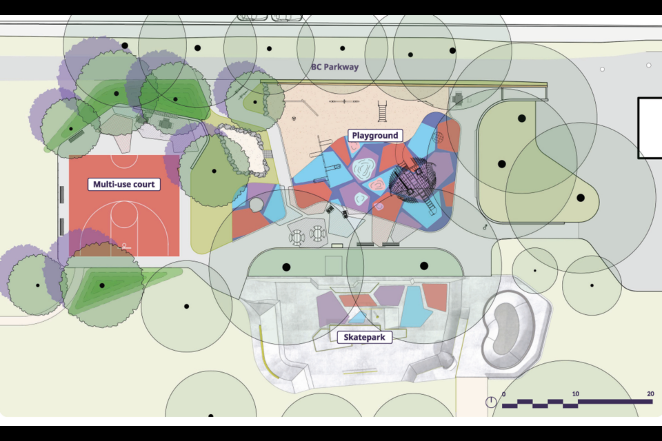 An updated plan for Slocan Park has been approved with a new sports court, skateboard area, and playground.