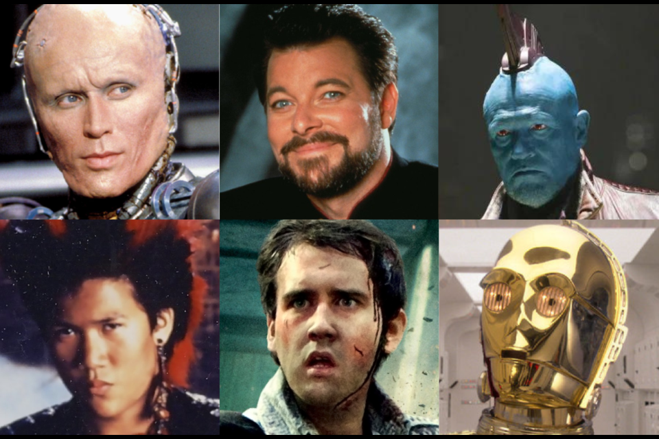 Clockwise from top left: Peter Weller (as Robocop), Jonathan Frakes (as Commander William Riker), Michael Rooker (as Yondu), Anthony Daniels (as C-3PO), Matthew Lewis (as Neville Longbottom), and Dante Basco (as Rufio).