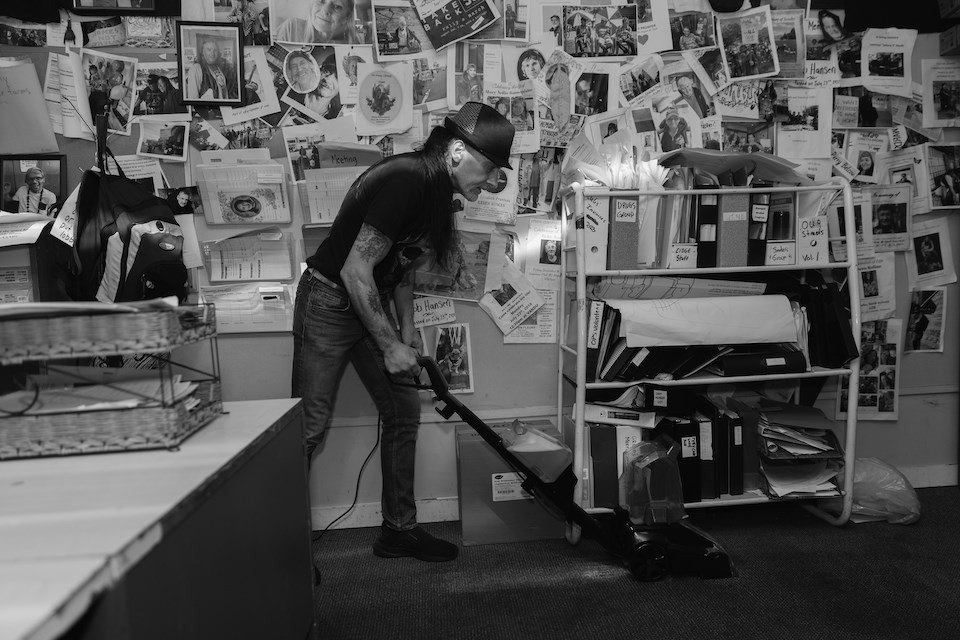 Martin Steward steam cleans the carpets of the office of the Vancouver Area Network of Drug Users in Vancouver, B.C. Photographer Jackie Dives will show this and several other images as part of her show Of Course This Hurts, launching on March 16 in the Downtown Eastside. 