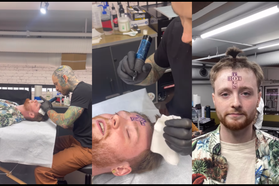 In a viral video a man appears to be tattooed on his face with a cross that says "hot dogs." It was actually a prank by a Vancouver artist.