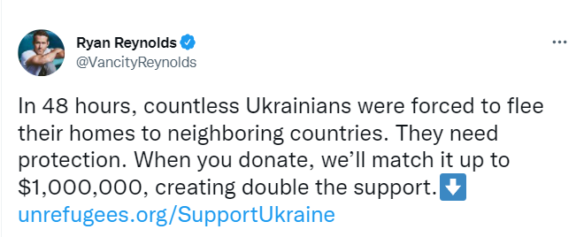Ryan Reynolds to match donations up to $1M to support Ukraine - Vancouver Is Awesome