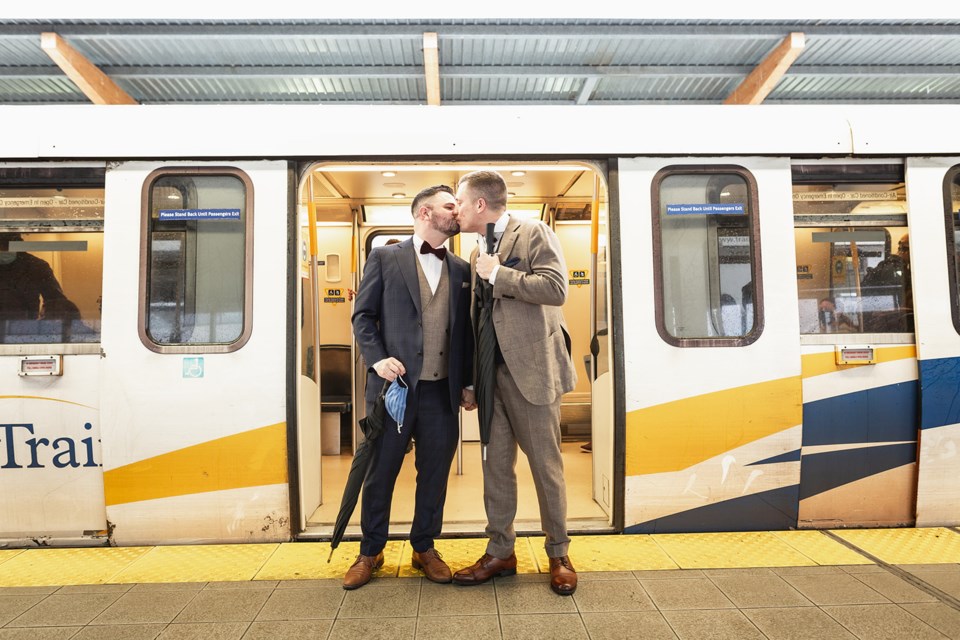 Instead of a limo, Aaron and Kyle took the Vancouver SkyTrain to get to their wedding at the UBC Alumni Centre earlier this month. 