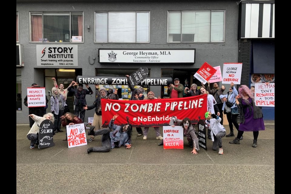 Dogwood organized a zombie-themed demonstration in March 2023 calling on B.C. Environment Minister George Heyman to reject an emergency order for Enbridge.