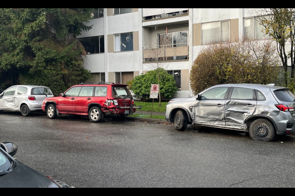 Cars were damaged when a driver attempted to flee Vancouver police on Nov. 18, 2023.
