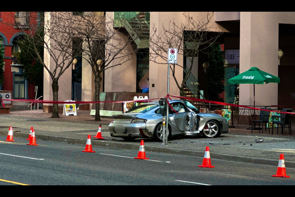 The wreck of a Porsche 911 Turbo on West Georgia Street after an allegedly impaired driver crashed Wednesday morning, Dec. 14.