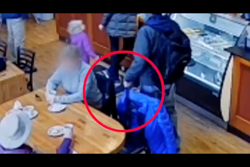 The suspect is seen taking a purse off of a chair, rummaging through it, and placing it back no the chair.