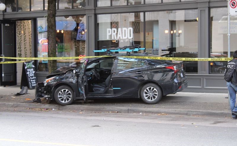 Vancouver police say the driver of an Evo rideshare car sped through a traffic stop into oncoming traffic and collided with a cyclist on Aug. 8, 2021. 