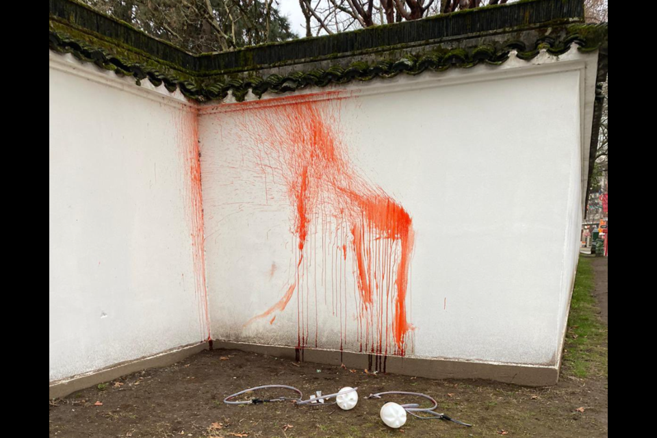 Fake blood was sprayed on the wall of Dr. Sun Yat-Sen Classical Chinese Garden in Vancouver's Chinatown.