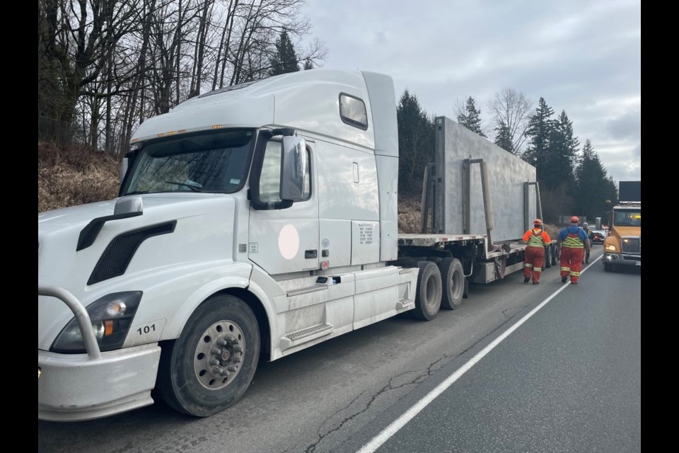 BC Highway Patrol said a tractor-trailer truck of a company "known to police" struck two overpasses on Highway 1 through Langley the morning of Feb. 20, 2025.