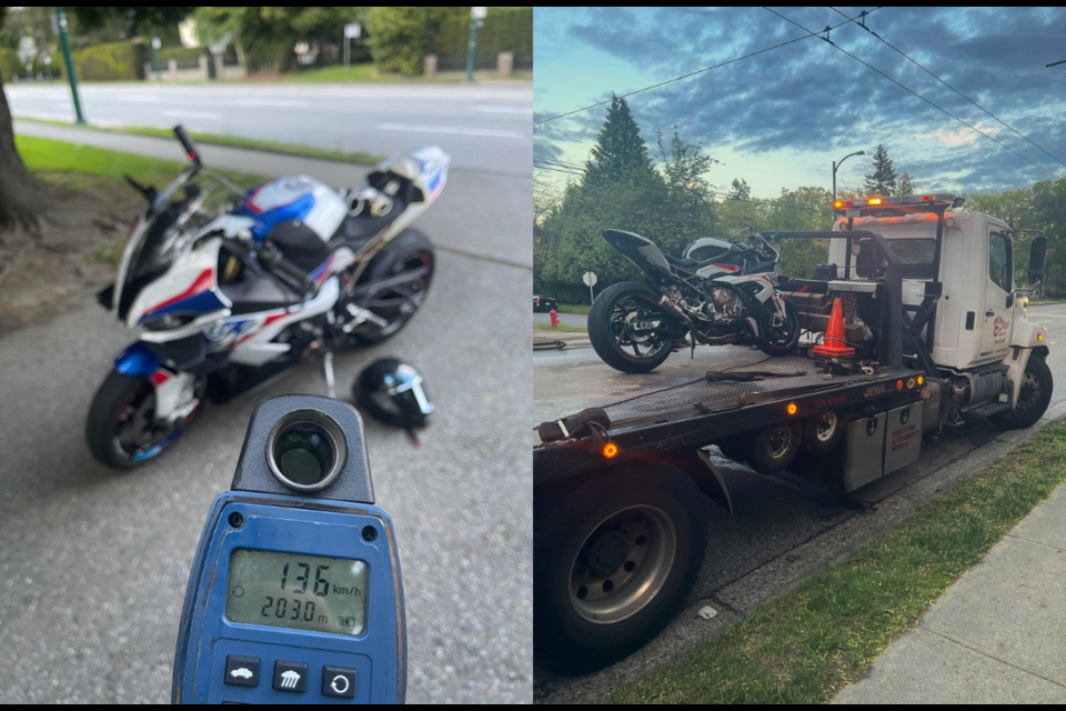 Vancouver police caught a motorcycle speeding at 136 km/h in a 50 km/h zone.