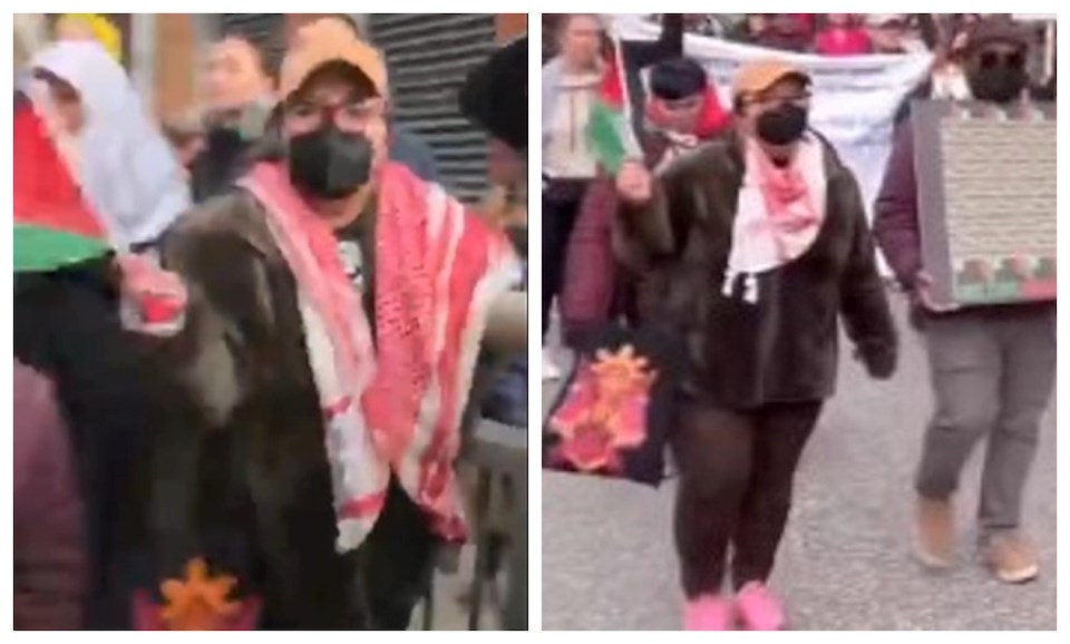 Vancouver police say a woman assaulted an officer at a rally on March 2, 2024, on the Granville Street Bridge before fleeing. 