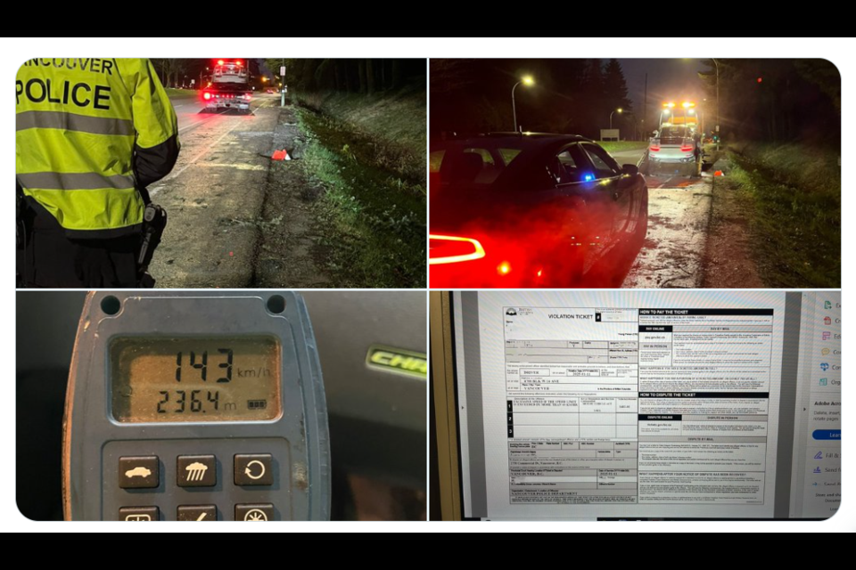 A sports car was caught by police doing almost three times the speed limit near UBC in Vancouver.