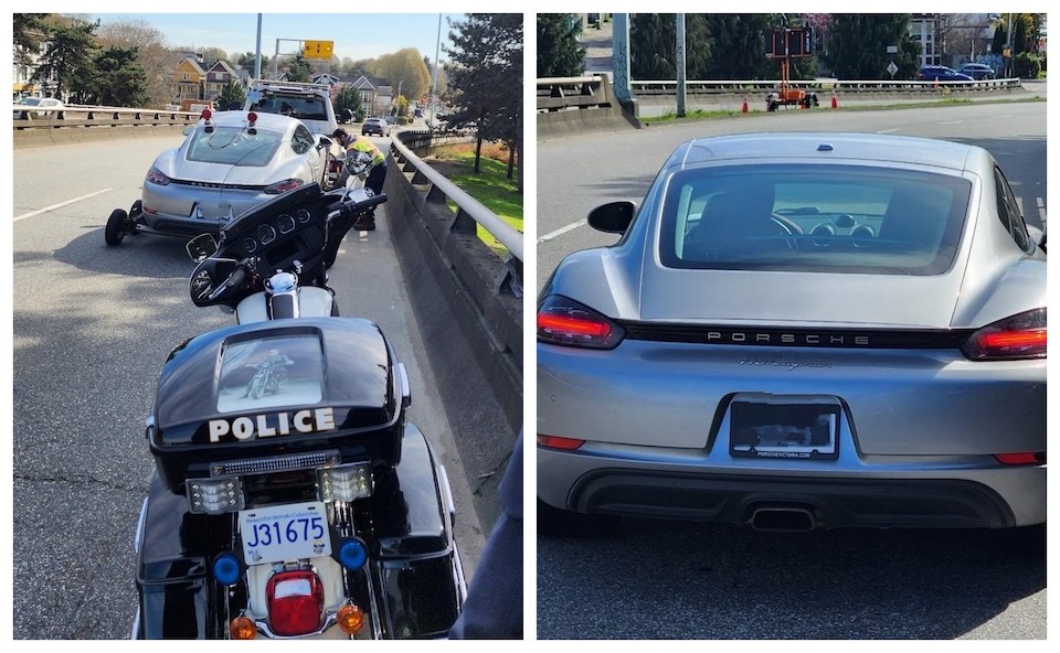 The 鶹ýӳPolice Department's (VPD) Traffic Section shared two pictures of a silver Porsche being towed after police pulled the driver over for speeding on April 5, 2025.