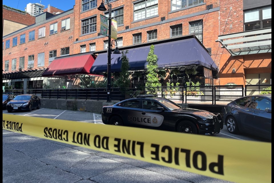 鶹ýӳpolice have cordoned off an area in the Yaletown neighbourhood and are on scene investigating a drive-by shooting on Wednesday, July 10, 2024.