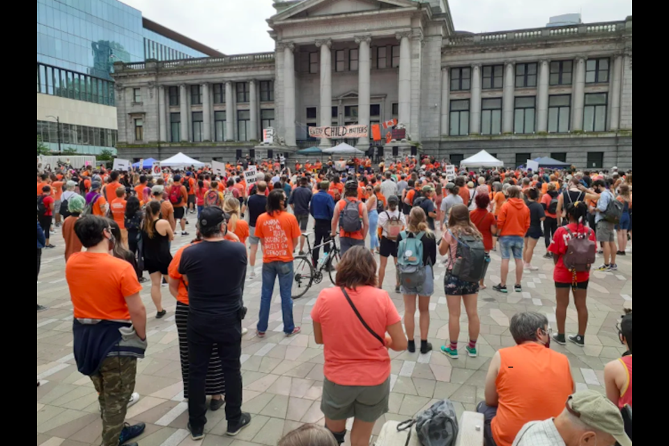 Hundreds of people gathered outside of the Vancouver Art Gallery on July 1, 2021, for the second annual Cancel Canada Day rally organized by Idle No More. 