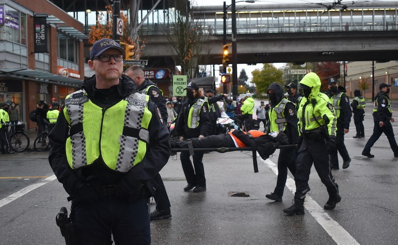 Extinction Rebellion plans to block the intersection of Granville and Broadway in Vancouver on October 18. Nine protesters were arrested on the weekend.