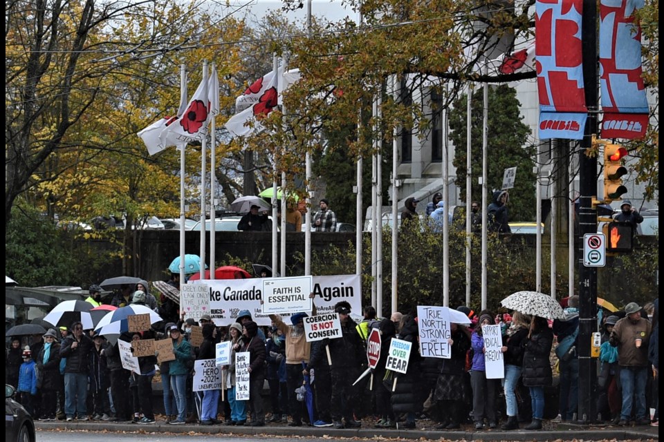 Anti-vaccine, anti-vaccine mandate and others joined at Vancouver's city hall Nov. 7 for a rally.
