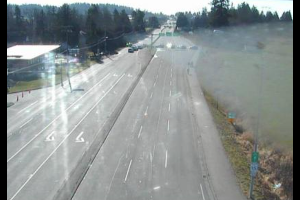 Vehicles can be seen blocking the approach to the Pacific Highway Border Crossing. The Surrey RCMP say the border crossing is still closed to the public as "small group of protesters remained overnight" after a large protest Feb. 12 at the site.