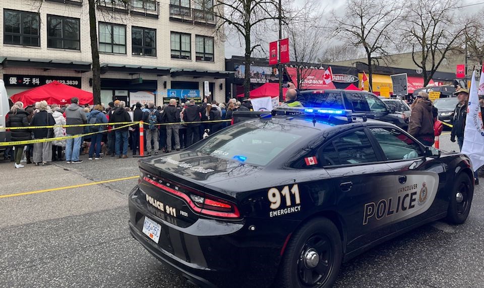 Protesters against B.C. coronavirus measures gathered at Premier David Eby's office on Broadway in Kitsilano in January 2023. They petitioned Bill 36.  